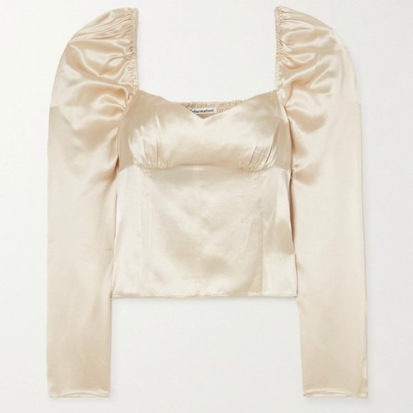 Reformation Roe Shirred Satin Silk Gold Champagne Blouse Top US 8| Medium - Picture 3 of 10
